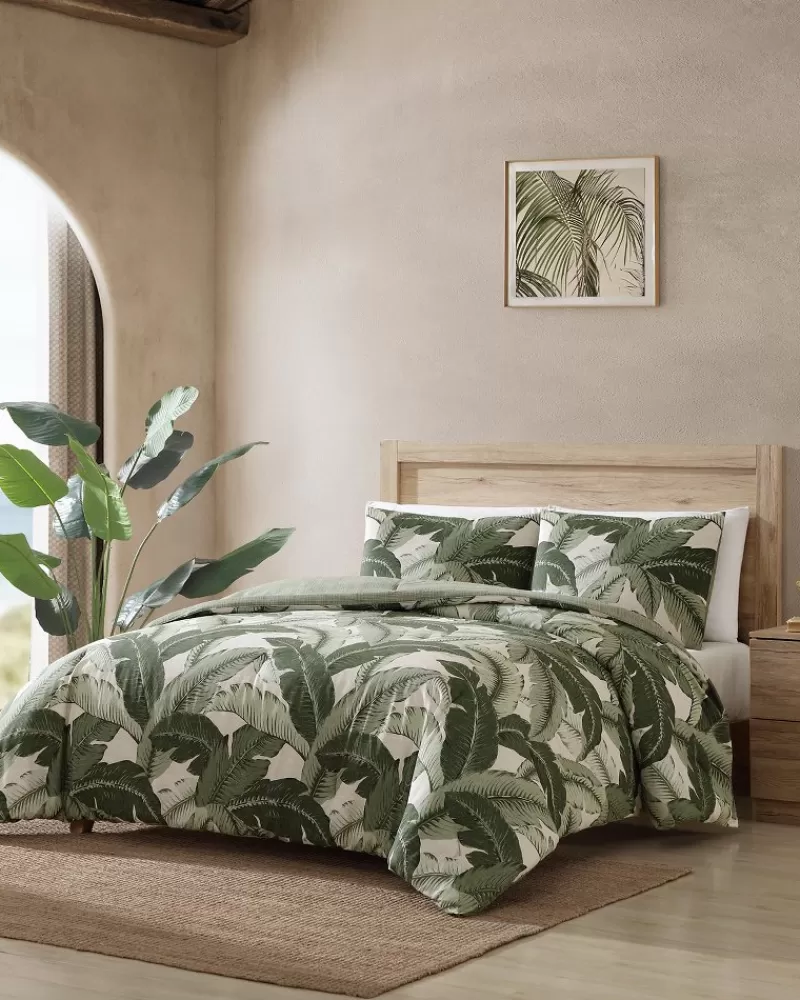 Tommy Bahama - Completo Copriletto Queen/Full Size con 3 Pezzi, Motivo Palme dal Design Vintage, Stile Tropicale Retrò